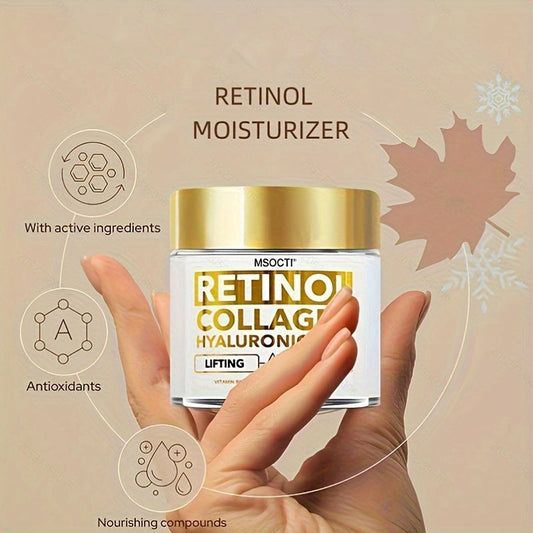 Creme de retinol e colageno em frasco transparente, com tampa dourada, ideal para hidratação e rejuvenescimento da pele.