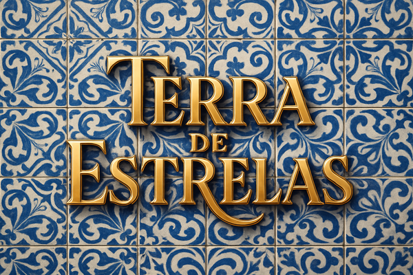 Logotipo Terra de Estrelas com fundo de ajulejo Portugues e letras dourado metálico