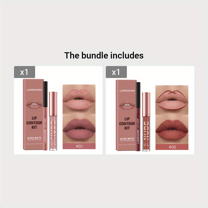 Conjunto de batom matte e gloss conjunto LANGMANNI com dois tons em embalagem apresentando contornos labiais