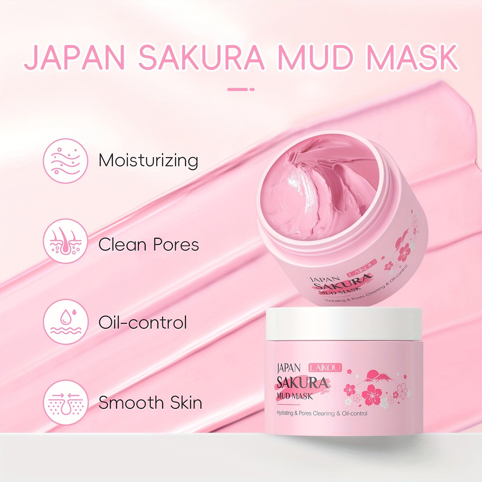 Máscara de Argila Hidratante Laikou Sakura 25g com Ácido Hialurônico para limpeza e hidratação da pele