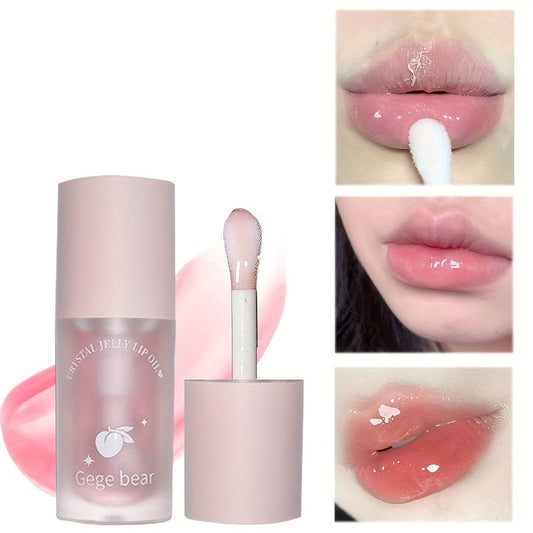Óleo labial hidratante sabor melancia em embalagem rosa com aplicador e lábios brilhantes