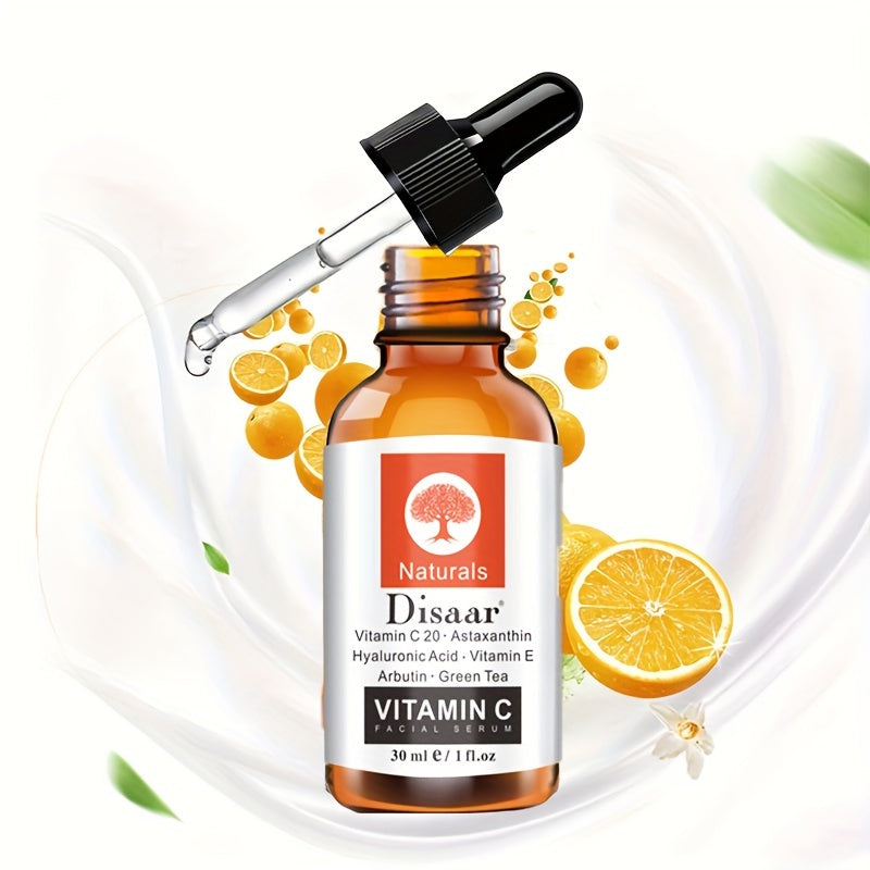 Soro facial vitamina C 30ml com conta-gotas, frasco de vidro e laranjas ao fundo