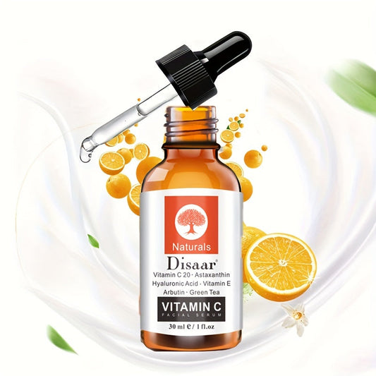 Soro facial vitamina C 30ml com conta-gotas, frasco de vidro e laranjas ao fundo