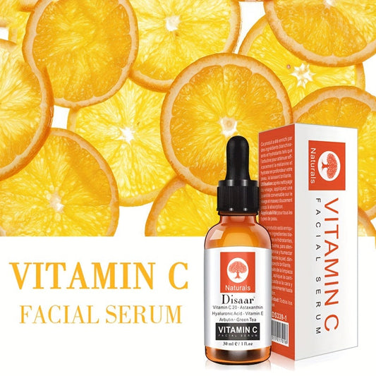 Soro facial vitamina C de 30ml com embalagem laranja e fundo de laranjas frescas