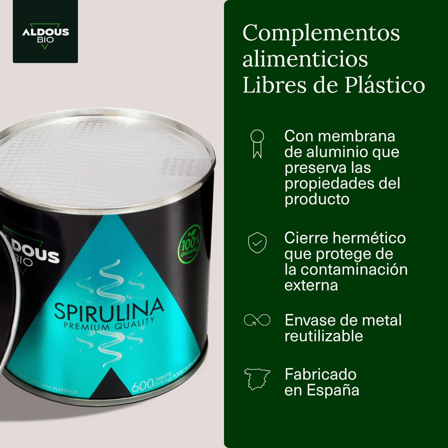 600 comprimidos de chlorella e espirulina Aldous Bio, vegano e detox, com embalagem reutilizável e sem aditivos