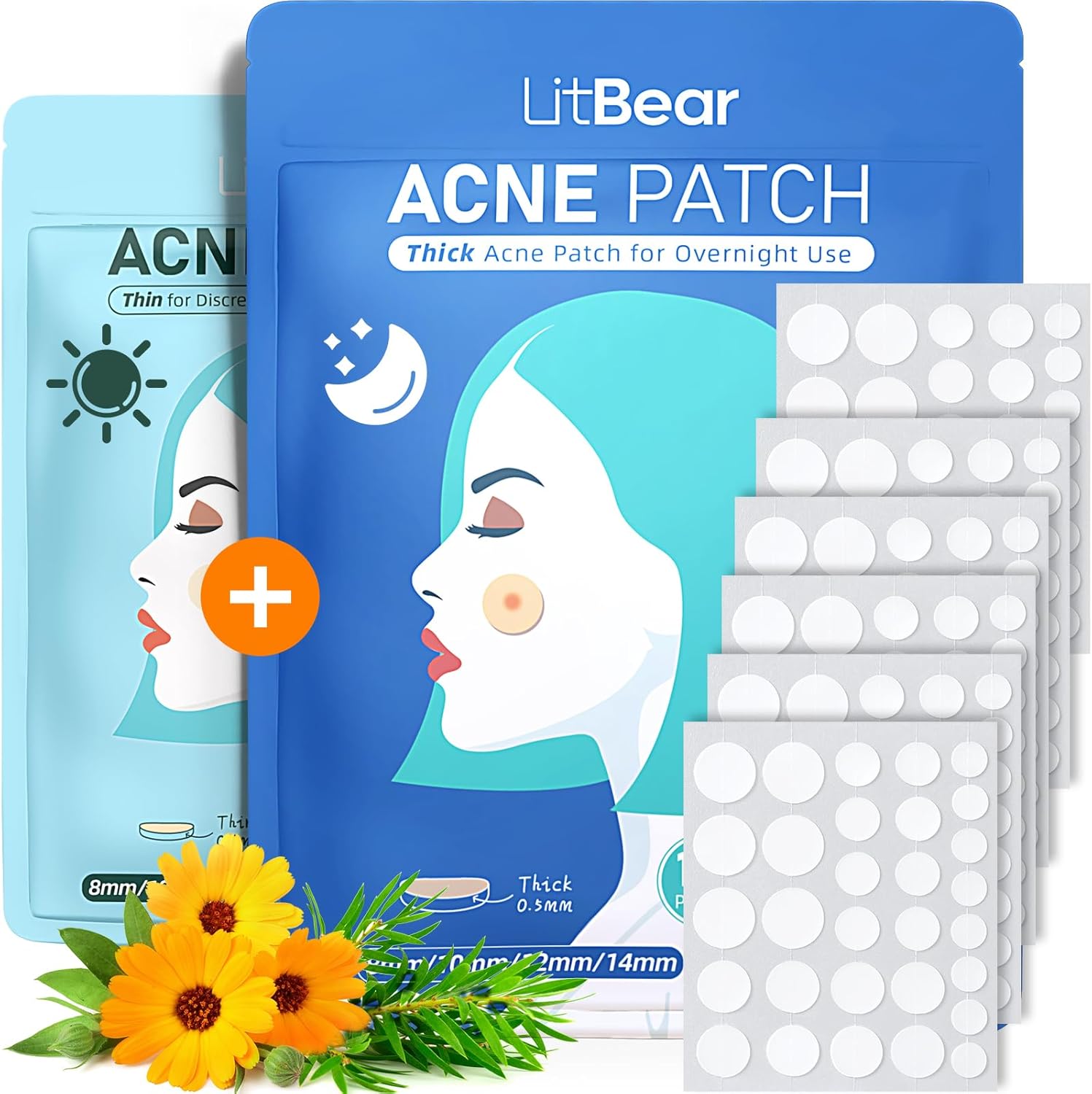 LitBear adesivos hidrocoloides para acne 4 tamanhos para dia e noite, 180 adesivos com hamamélis e óleo de tea tree
