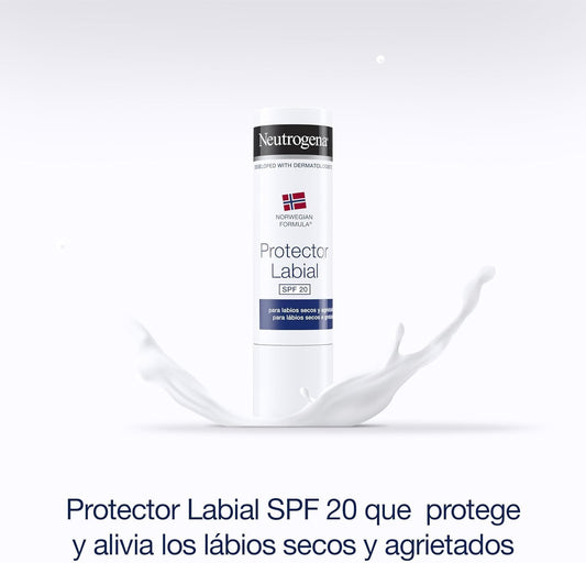 Bálsamo Labial Neutrogena FPS 20 em embalagem de 4,8 g, ideal para lábios secos e rachados com proteção solar.