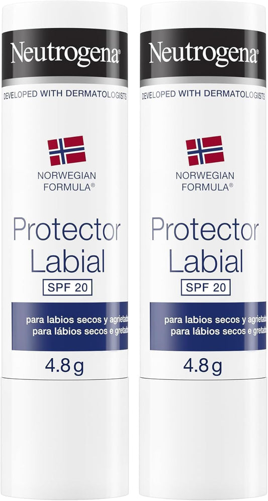 Bálsamo labial Neutrogena FPS 20, pack com 2 unidades de 4,8 g, protege lábios secos e rachados com filtro solar