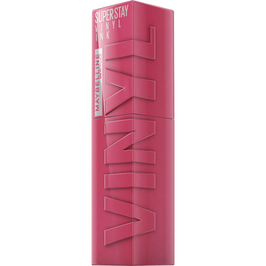 Batom efeito vinil Maybelline Superstay Vinyl Ink em embalagem rosa com longa duração e acabamento brilhante