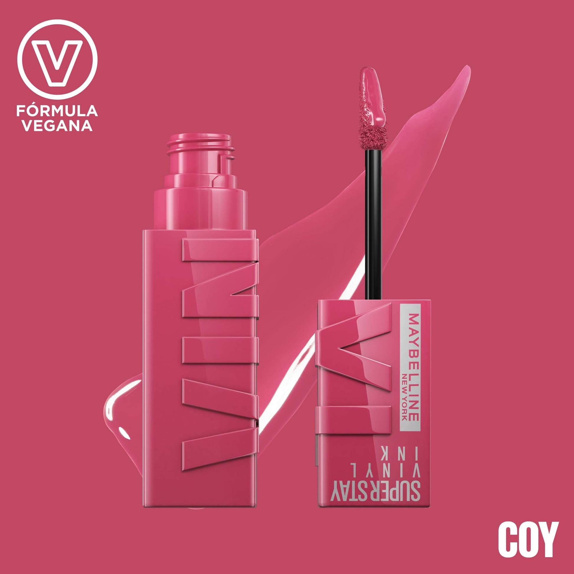 Batom efeito vinil Maybelline Superstay Vinyl Ink em tom Coy com aplicador e fórmula vegana