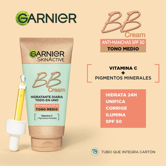 BB Cream anti-manchas Garnier com FPS 50 e tom médio, unifica e hidrata a pele com vitamina E