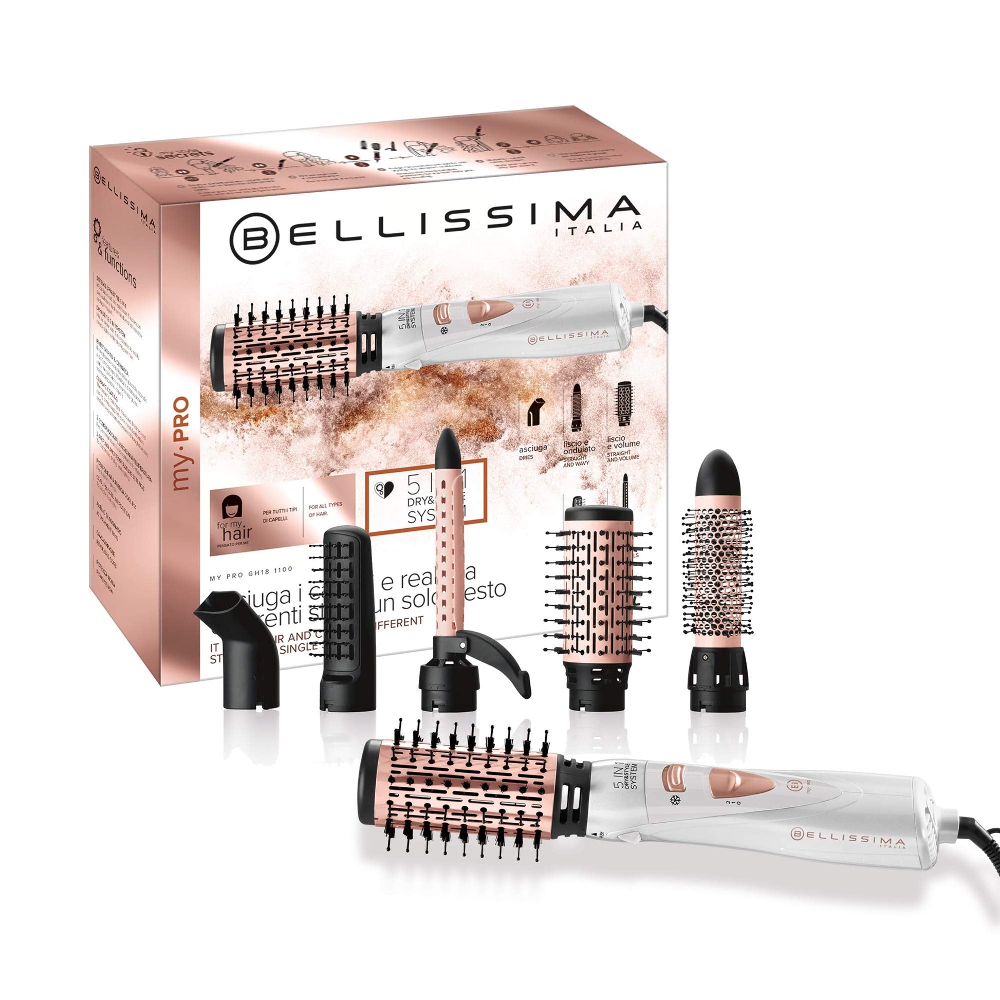 Escova modeladora Bellissima Imetec My Pro GH18 com 5 acessórios para cabelos lisos e cachos definidos