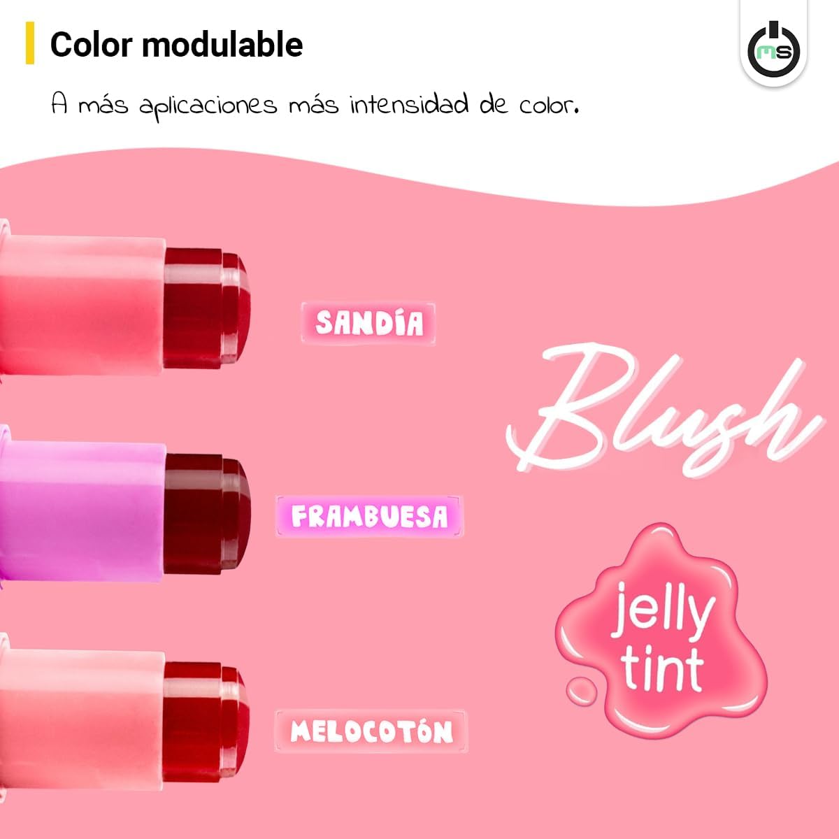Blush gelatina para labios e bochechas - The Fruit Company em tons Sandía, Frambuesa e Melocotón, ideal para hidratar e nutrir a pele