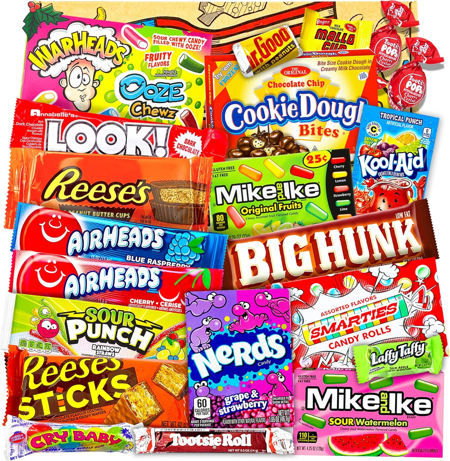 Caixa de doces americanos com várias marcas como Reese's, Mike and Ike e Airheads, perfeita para festas.