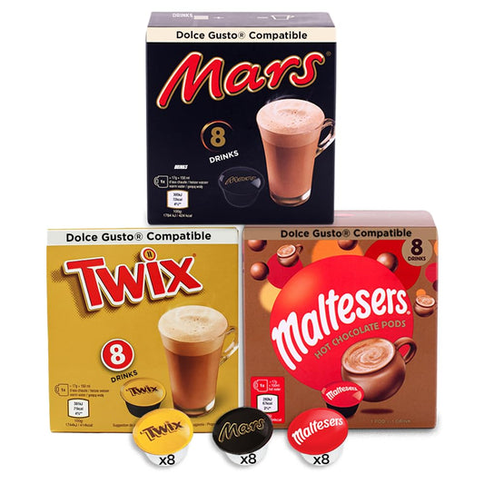 Cápsulas de cacau Dolce Gusto com sabores Mars, Twix e Maltesers, 24 unidades para bebidas quentes