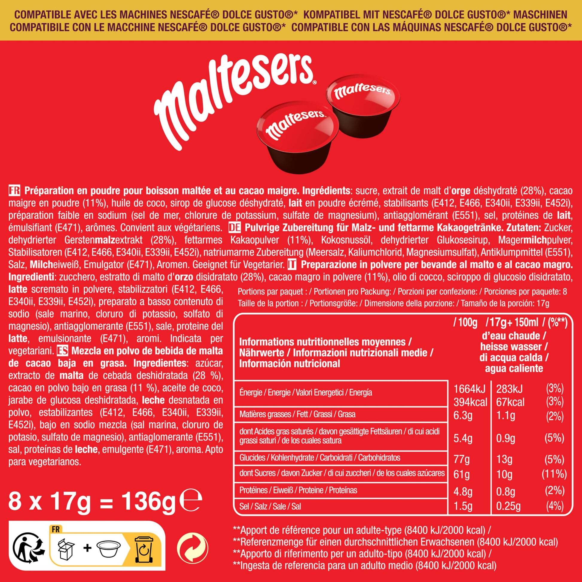 Lote de cápsulas de chocolate Dolce Gusto com 32 cápsulas: Twix, Mars, Milkyway e Maltesers em 4 embalagens