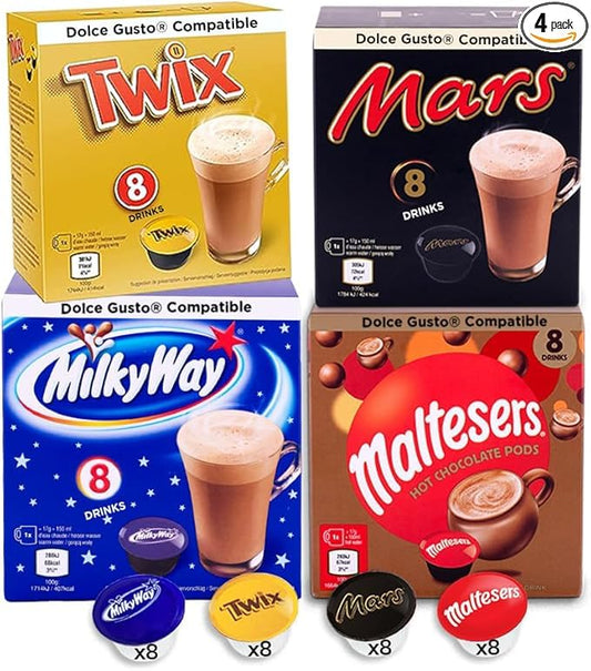 Lote de cápsulas de chocolate Dolce Gusto com 32 cápsulas de Twix, Mars, Milkyway e Maltesers em 4 embalagens