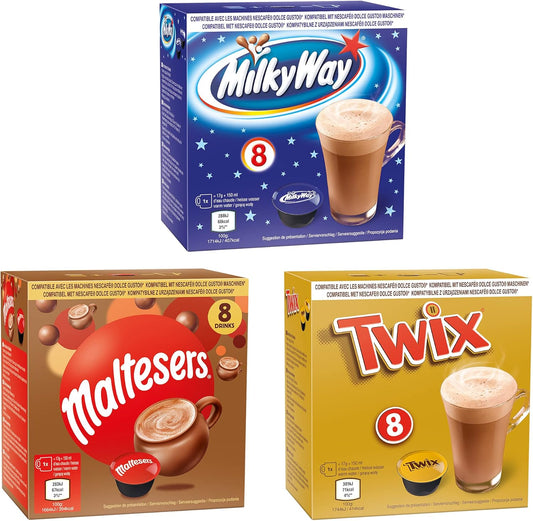 24 cápsulas de chocolate quente compatíveis com Dolce Gusto - Mars, Twix, MilkyWay (8 de cada) na loja Terra de Estrelas