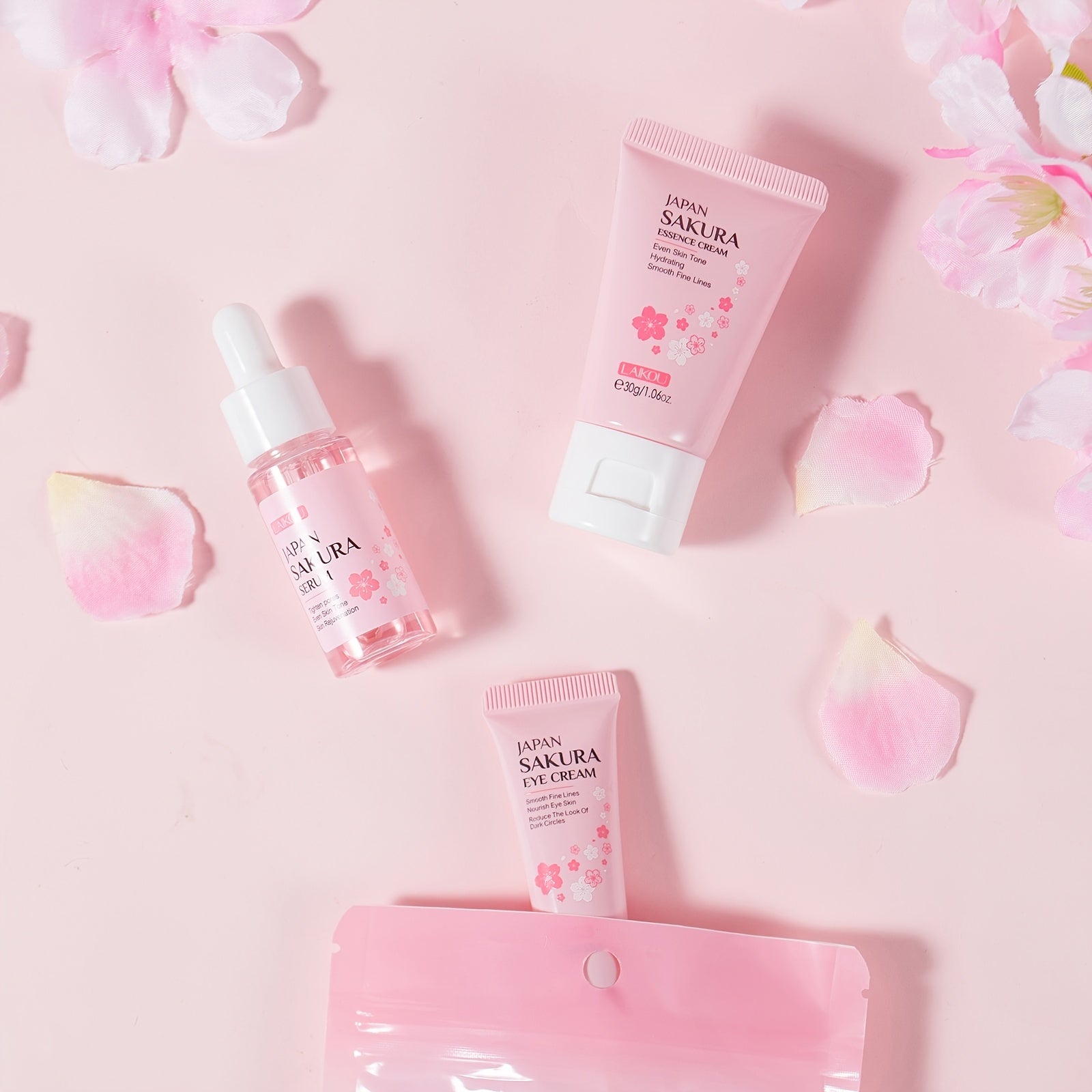 Conjunto de cuidados com a pele Laikou com soro, creme para os olhos e creme facial em embalagem rosa