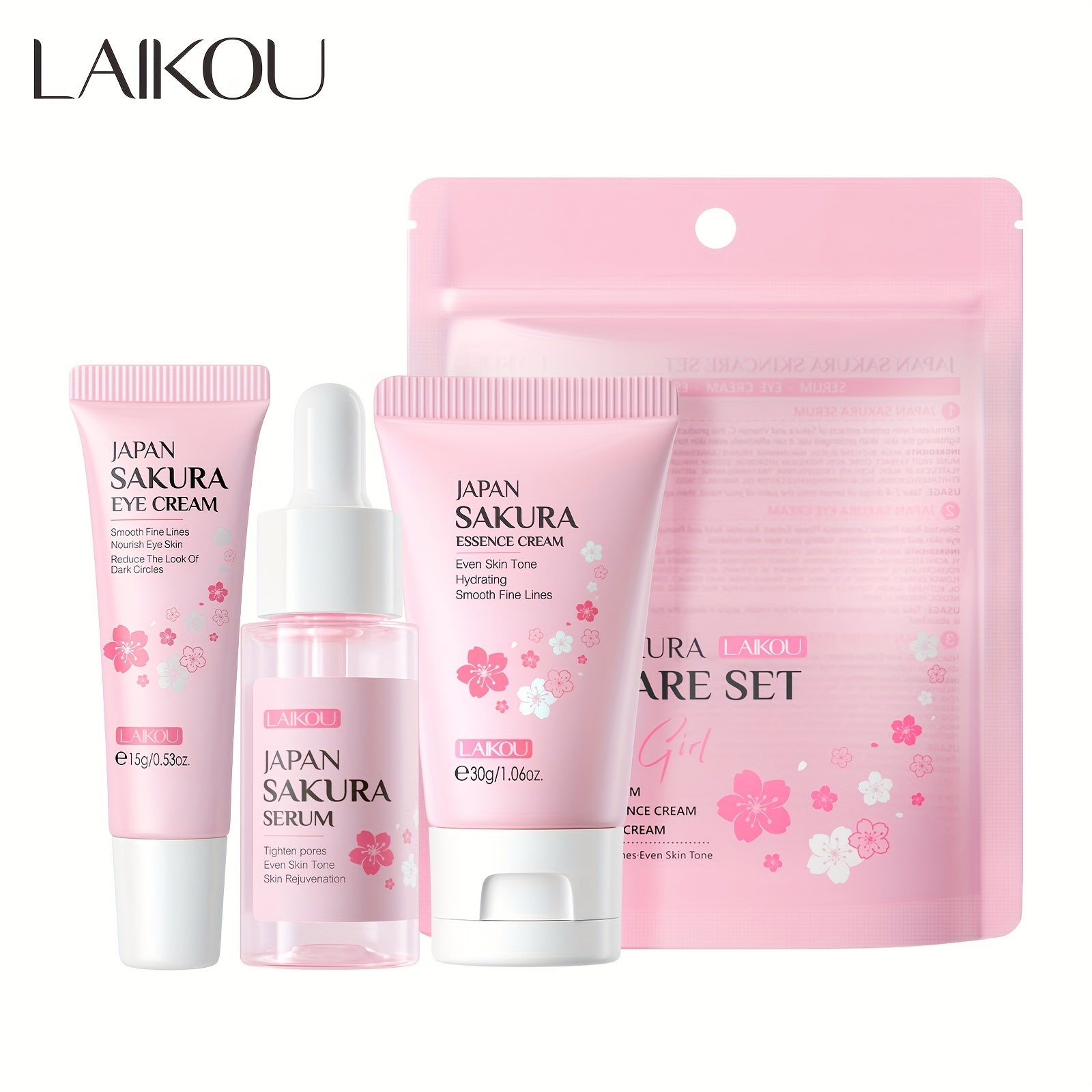 Conjunto de cuidados com a pele Laikou com soro, creme para os olhos e creme facial com extrato de flor de cerejeira