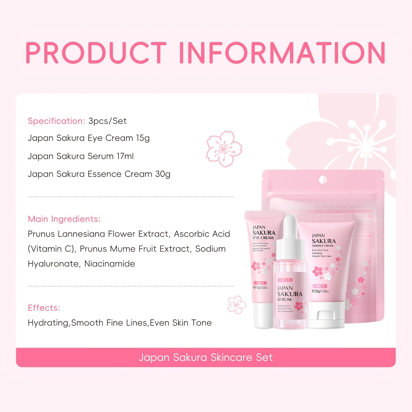 Conjunto de cuidados com a pele Laikou com soro, creme para os olhos e creme facial de flor de cerejeira