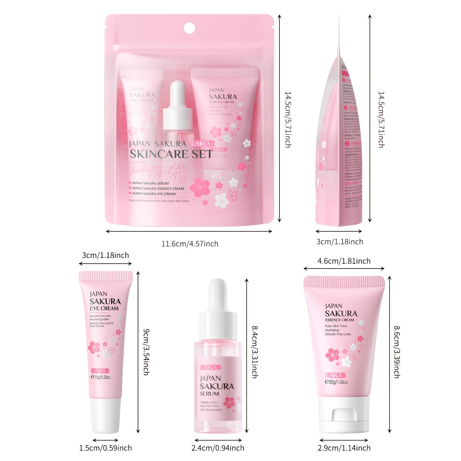 Conjunto de cuidados com a pele Laikou em embalagem rosa com soro, creme para os olhos e creme facial