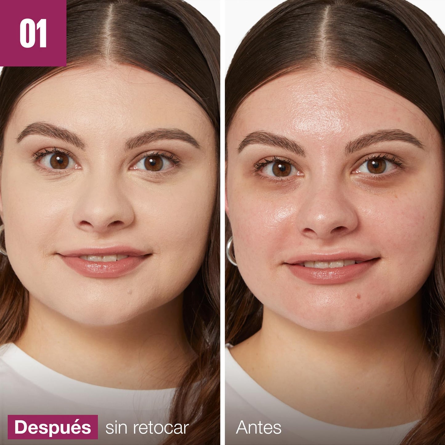 Corretor de olheiras Maybelline com resultado de antes e depois, mostrando acabamento natural na pele.