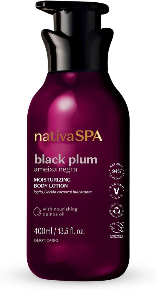 Creme corporal O Boticário Nativa SPA Ameixa Negra, loção hidratante de 400 ml com gotas de quinoa