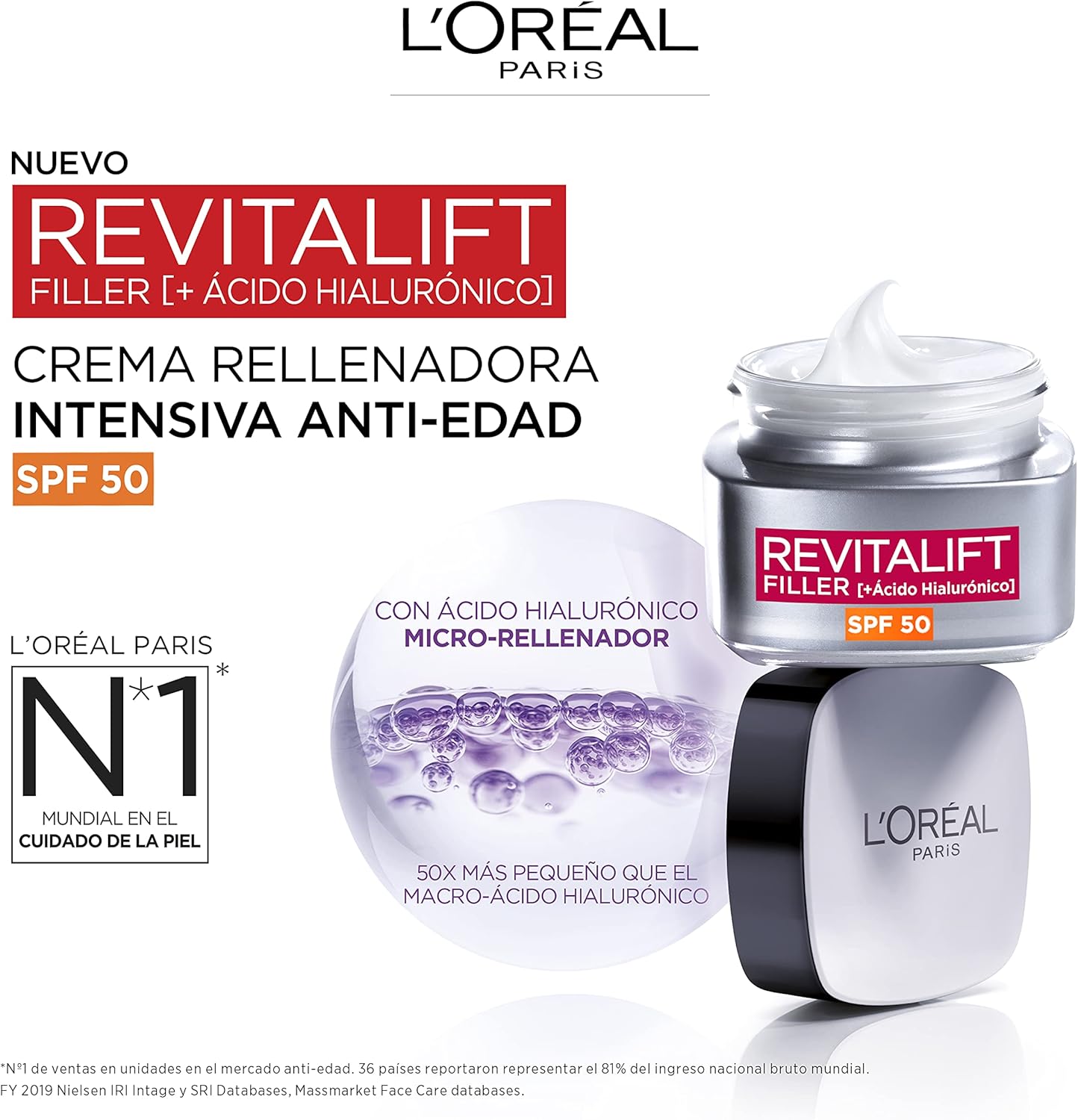 Creme L'Oreal Dermo Expertise AH com Ácido Hialurônico e FPS 50 para proteção anti-idade eficaz