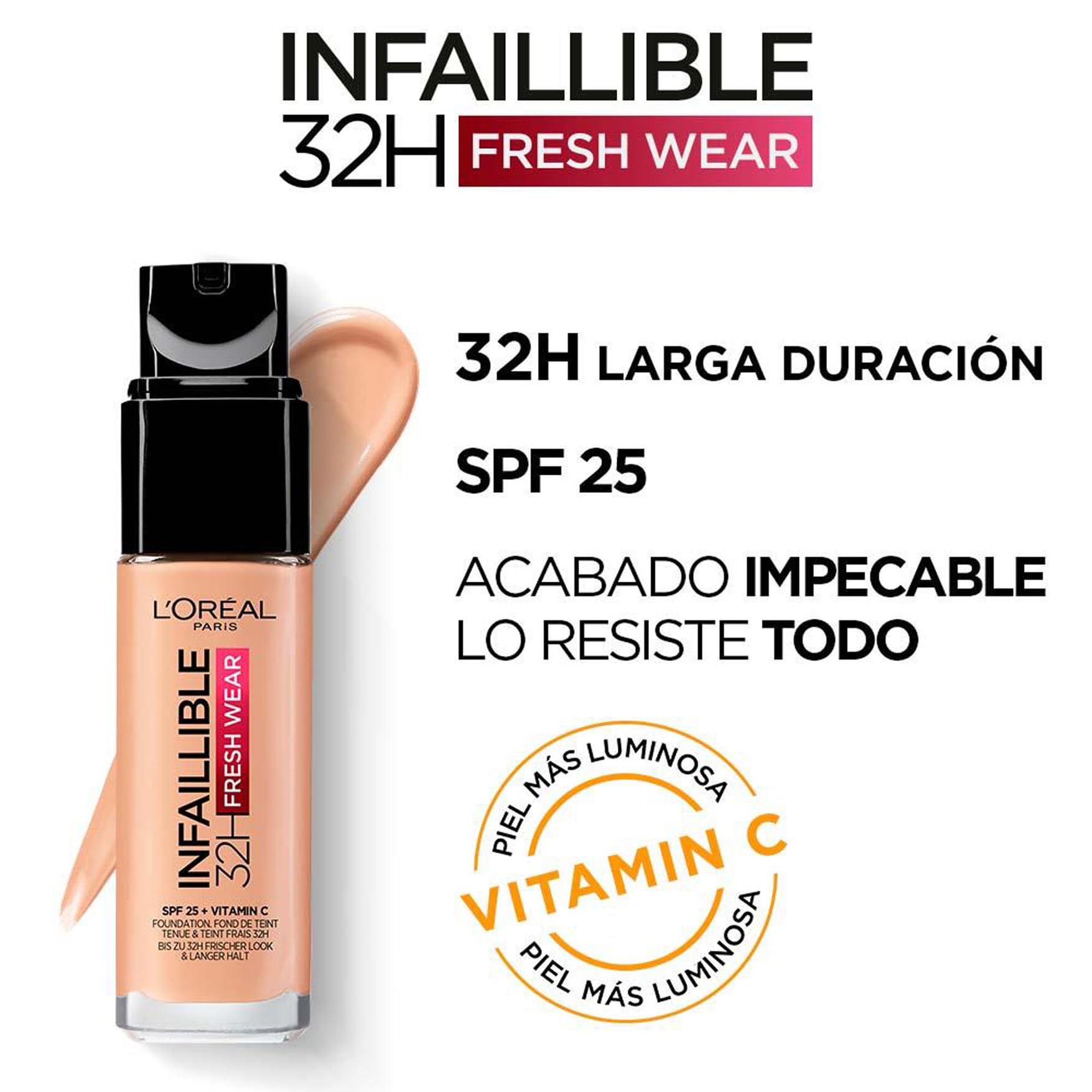 L'Oreal Paris - Base de maquiagem liquida Infaillible 32h Fresh Wear com acabamento impecável e proteção SPF 25