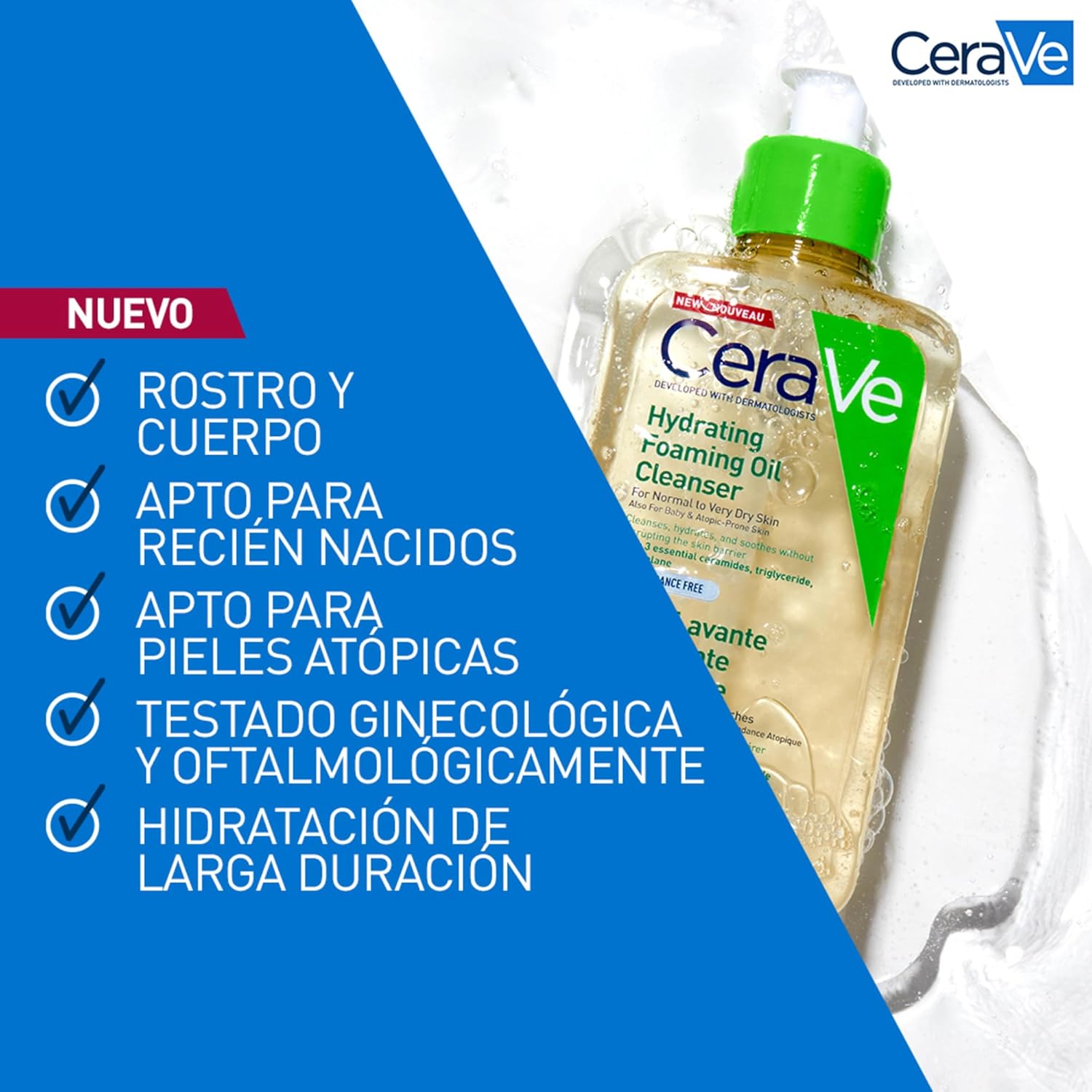 Óleo de limpeza espumante CeraVe 473 ml, limpeza hidratante para rosto e corpo, ideal para pele atópica.