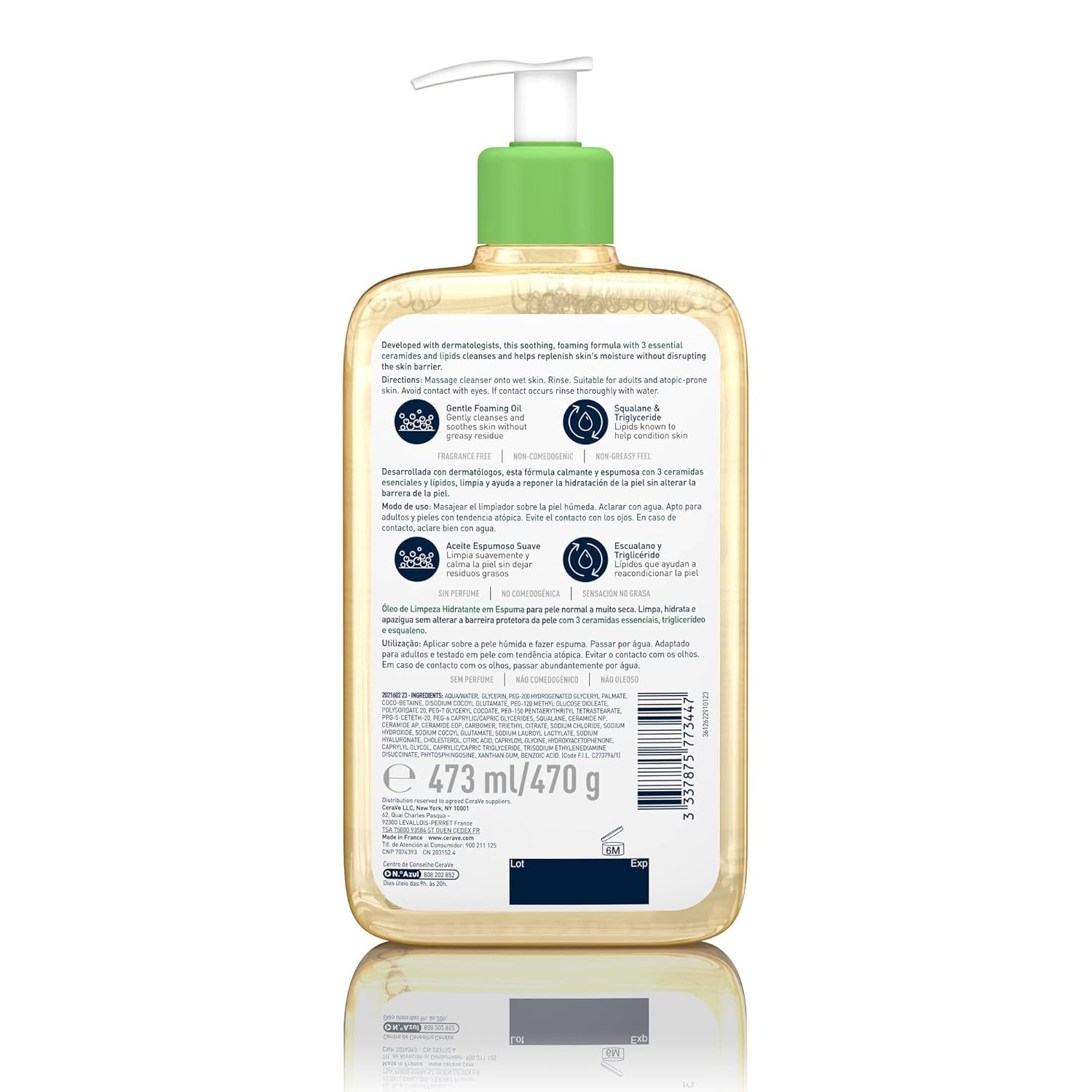 Óleo de limpeza espumante CeraVe 473 ml, ideal para pele normal e seca, com ácido hialurônico