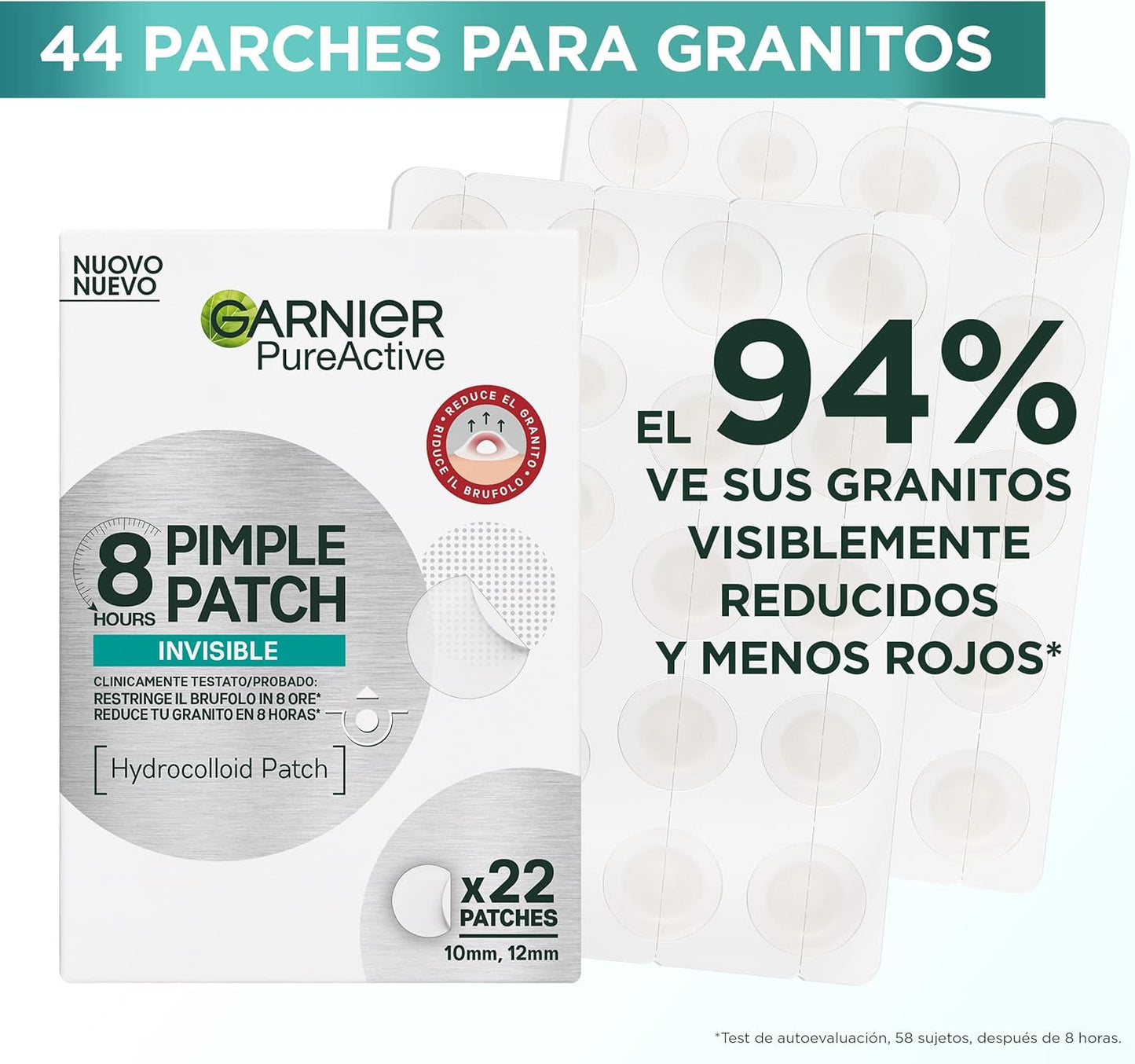 Patches hidrocoloides para acne Garnier em embalagem com 44 unidades, mostrando remendos invisíveis para grãos