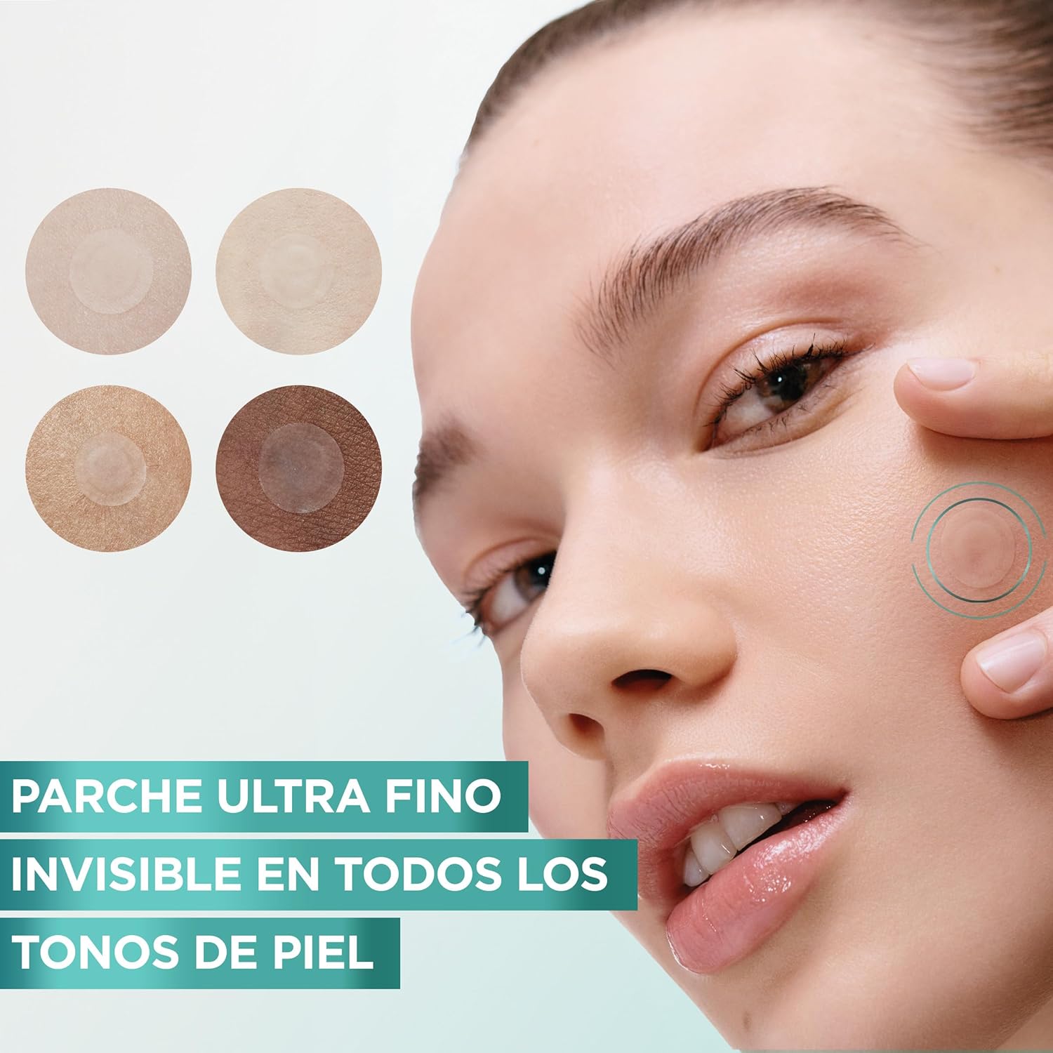 Patches hidrocoloides para acne Garnier em diferentes tons, mostrando aplicação na pele do rosto