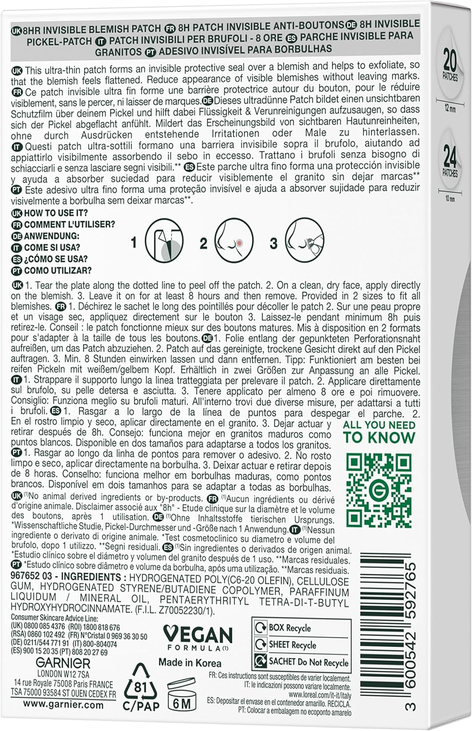 Patches hidrocoloides para acne Garnier, remendos invisíveis para grãos com tecnologia hidrocolóide, dois tamanhos x 44