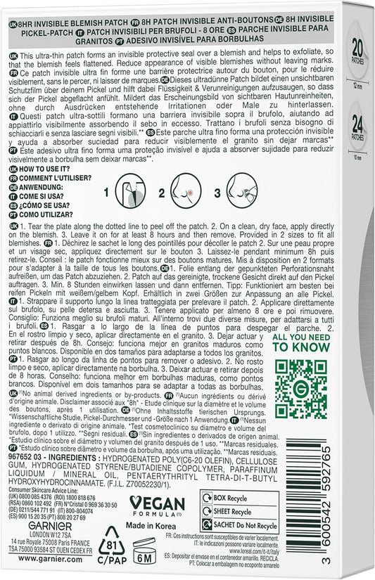 Patches hidrocoloides para acne Garnier, remendos invisíveis para grãos com tecnologia hidrocolóide, dois tamanhos x 44