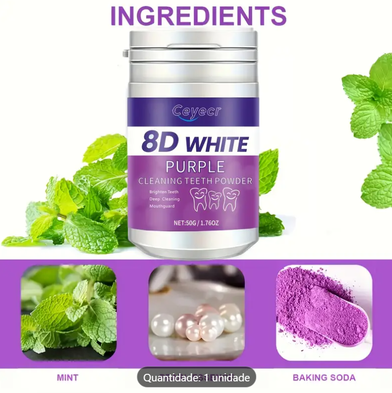 Pó Clareador de Dentes Eficaz com ingredientes naturais como menta e bicarbonato de sódio