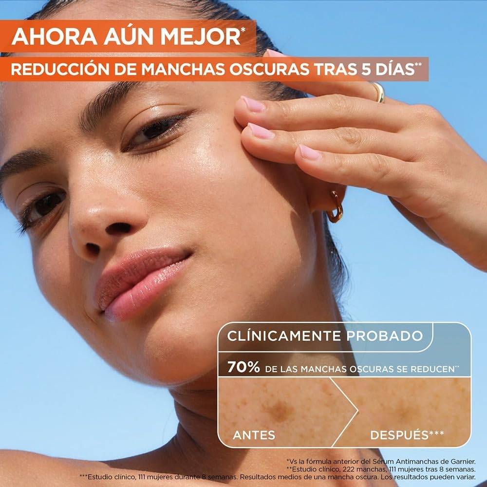 Sérum antimanchas Garnier com 4% de Vitamina C e Niacinamida, reduz 70% das manchas em 6 dias.