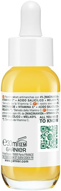Sérum antimanchas Garnier com 4% de Vitamina C, Niacinamida e Ácido Salicílico para pele iluminada