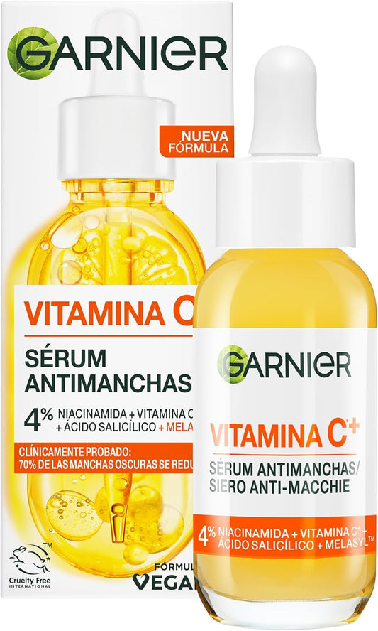 Sérum antimanchas Garnier com 4% de Vitamina C e Niacinamida, reduzindo manchas escuras em 6 dias