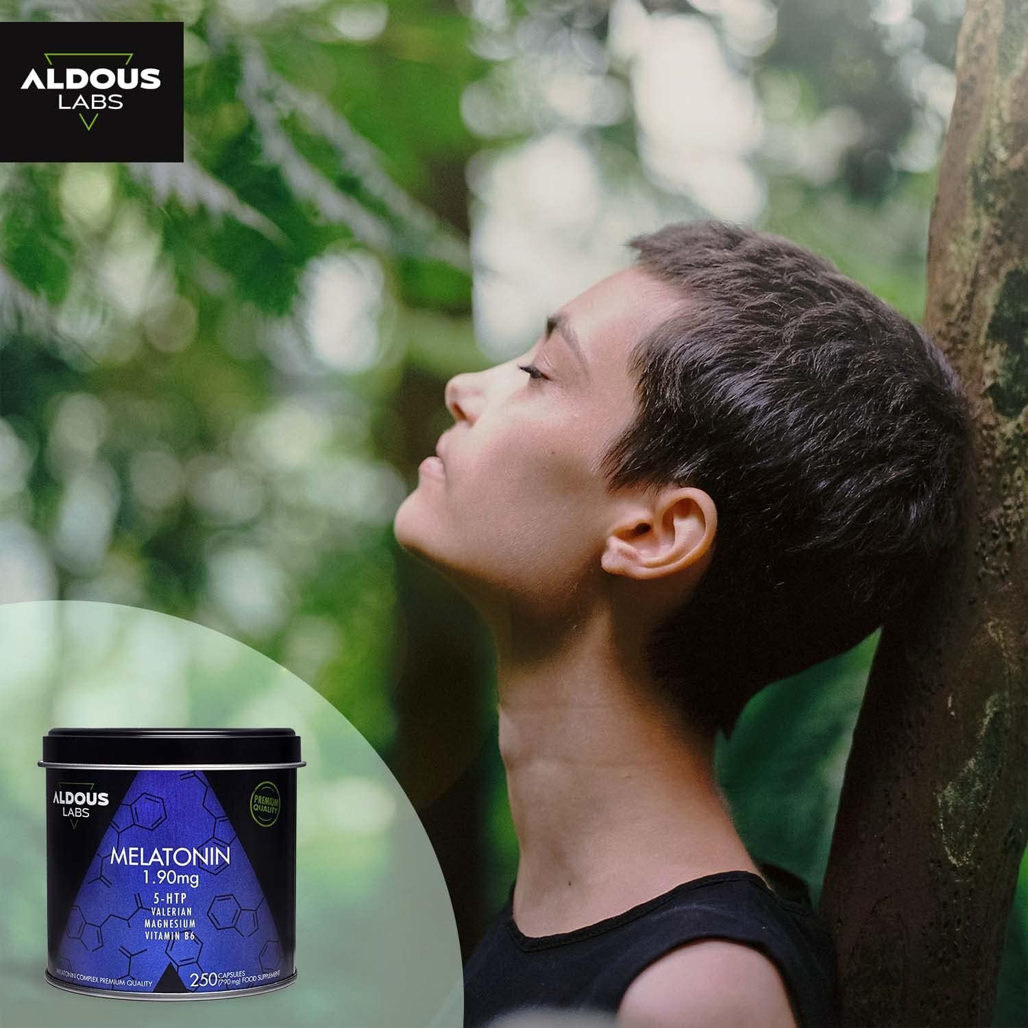 Suplemento de melatonina e valeriana Aldous Labs em frasco, ideal para melhorar o sono e combater insônia