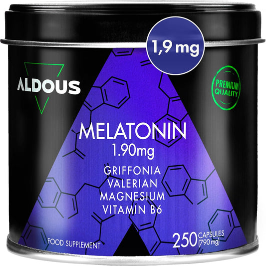 250 cápsulas de melatonina 1,9 mg e valeriana Aldous Labs para dormir bem, insônia e cansaço.