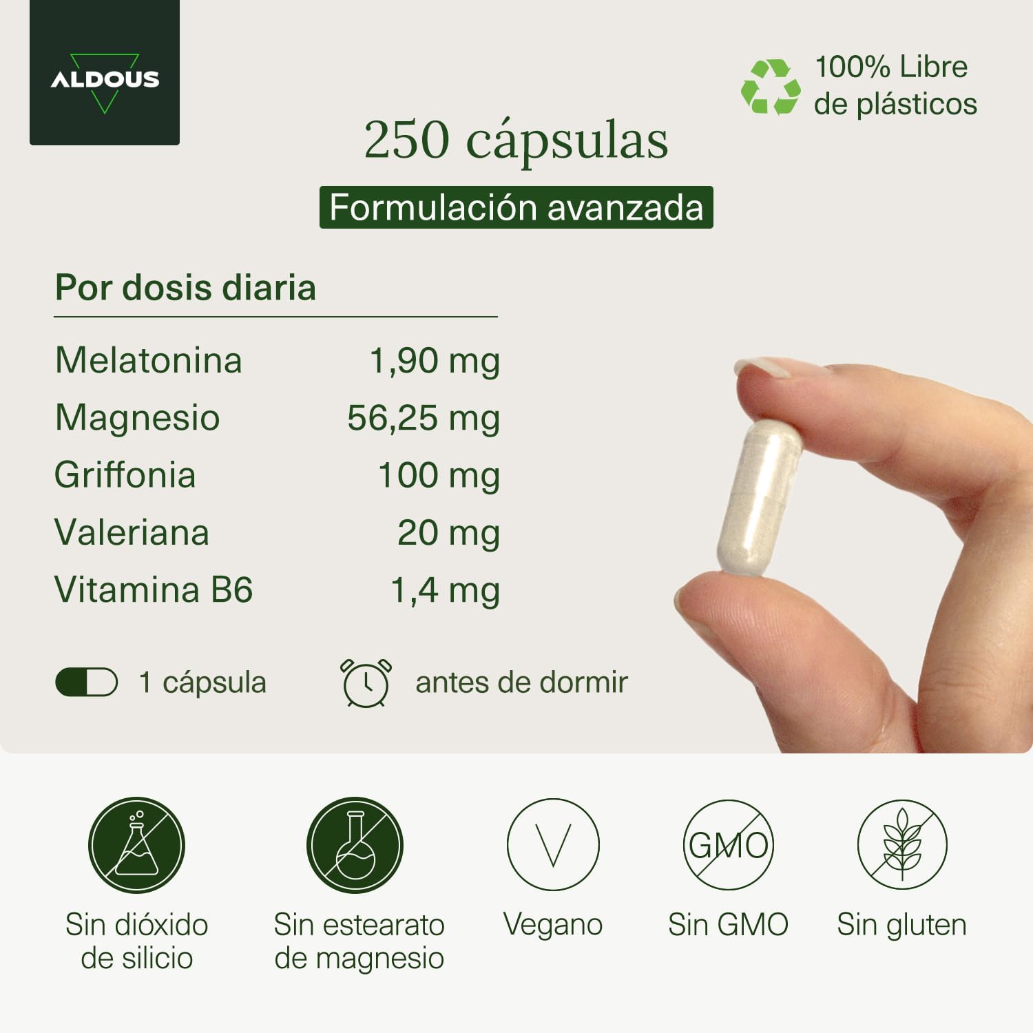 250 cápsulas de melatonina e valeriana Aldous Labs com 1,9 mg para um sono reparador e alívio do insônia