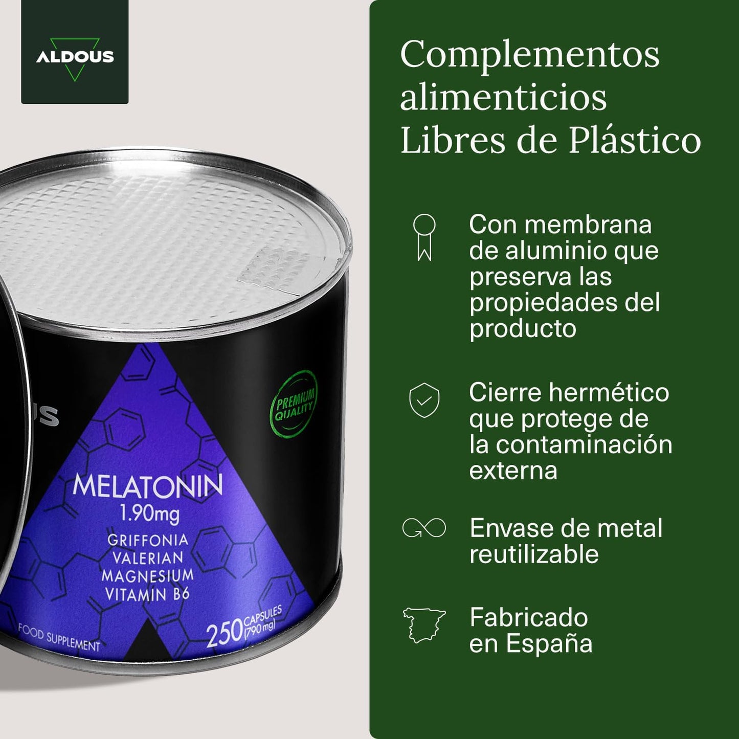 250 Cápsulas de Suplemento de Melatonina e Valeriana Aldous Labs para Sono e Relaxamento, fabricado em Espanha