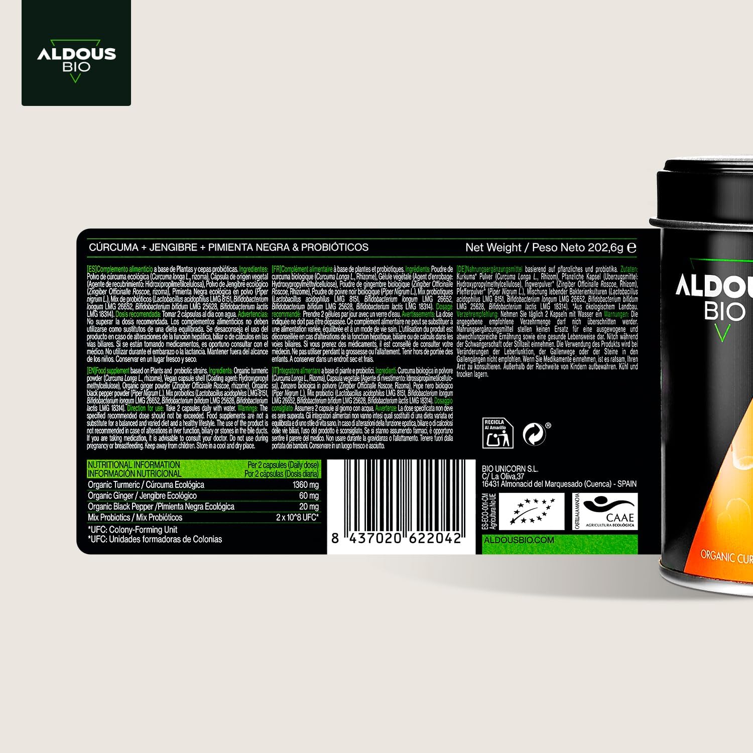 250 cápsulas de suplemento natural cúrcuma jengibre Aldous Labs com probióticos e piperina para saúde e bem-estar