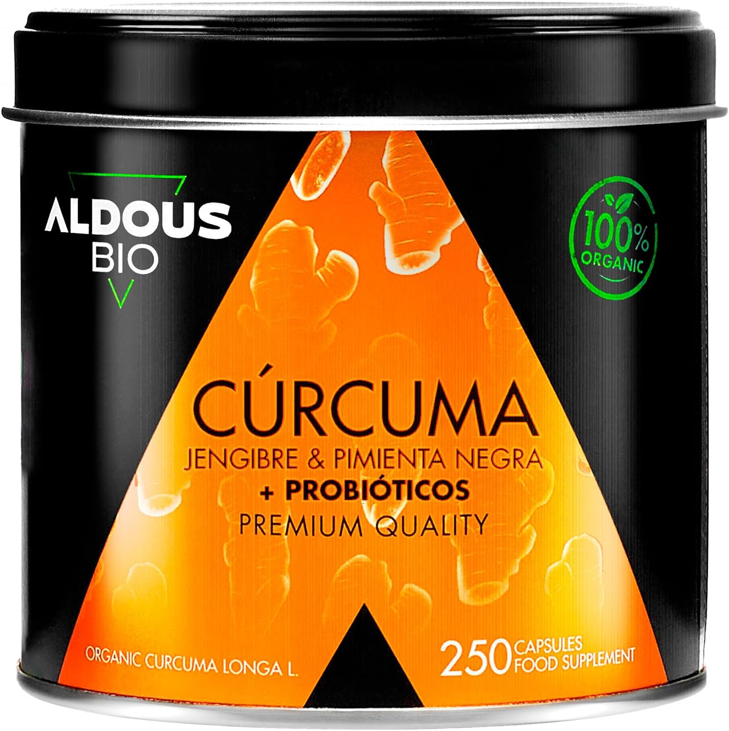 250 cápsulas de suplemento natural cúrcuma jengibre Aldous Labs com probióticos e piperina para suporte antiinflamatório