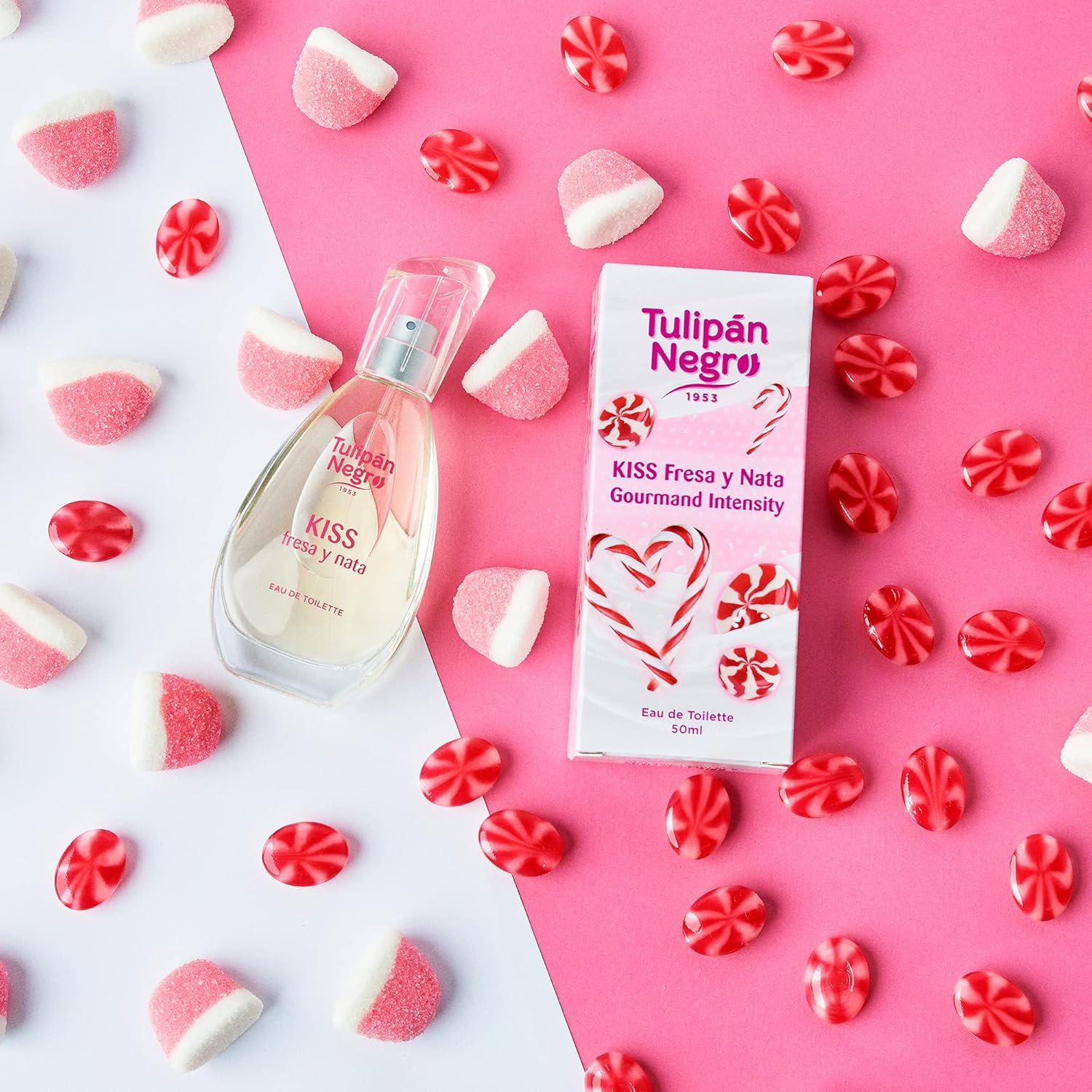 Tulipan Negro - água de colónia unissexo, morango e nata, 50 ml com embalagem e doces coloridos ao redor
