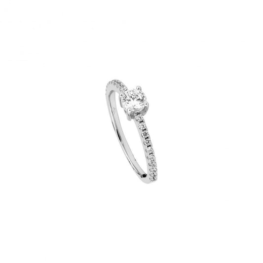 anel solitário em ouro branco com diamante central e pavé de diamantes na haste Carmo Joalheiros