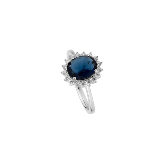 anel diana inspiração princesa Topázio 1874 com safira oval azul e halo de diamantes