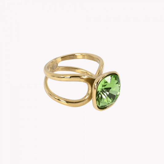 Anel de aço com pedra verde Carmo Joalheiros anel dourado com lapidação quadrada e aro duplo polido